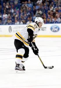 Jan 31, 2017; Tampa, FL, USA; Boston Bruins defenseman Torey Krug (47) passes the puck against the Tampa Bay Lightning during the third period at Amalie Arena.Boston Bruins defeats the Tampa Bay Lightning 4-3.  Mandatory Credit: Kim Klement-USA TODAY Sports