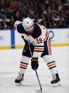 Nov 24, 2017; Buffalo, NY, USA; Edmonton Oilers left wing Patrick Maroon (19) against the Buffalo Sabres at KeyBank Center. Buffalo beats Edmonton 3 to 1. Mandatory Credit: Timothy T. Ludwig-USA TODAY Sports