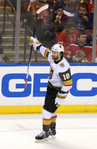 Jan 19, 2018; Sunrise, FL, USA; Vegas Golden Knights left wing James Neal (18) reacts after a goal by left wing David Perron (not pictured) against the Florida Panthers in the first period at BB&T Center. Mandatory Credit: Robert Mayer-USA TODAY Sports