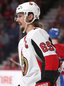 Feb 4, 2018; Montreal, Quebec, CAN; Ottawa Senators defenseman Erik Karlsson (65) reacts after a play against Montreal Canadiens during the first period at Bell Centre. Mandatory Credit: Jean-Yves Ahern-USA TODAY Sports
