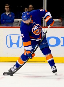 Feb 13, 2018; Brooklyn, NY, USA; New York Islanders defenseman Johnny Boychuk (55) takes a shot during pregame warmups prior to the game against the Columbus Blue Jackets at Barclays Center. Mandatory Credit: Andy Marlin-USA TODAY Sports