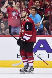 Nov 10, 2016; Glendale, AZ, USA; Arizona Coyotes center Tobias Rieder (8) looks to the scoreboard after scoring a goal in the third period against the Winnipeg Jets at Gila River Arena. Mandatory Credit: Matt Kartozian-USA TODAY Sports