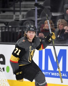 Feb 23, 2018; Las Vegas, NV, USA; Vegas Golden Knights center William Karlsson (71) celebrates after scoring a goal during the second period against the Vancouver Canucks at T-Mobile Arena. Mandatory Credit: Stephen R. Sylvanie-USA TODAY Sports