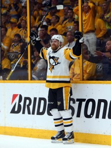 Jun 11, 2017; Nashville, TN, USA; Pittsburgh Penguins right wing Patric Hornqvist (72) celebrates after scoring a goal against the Nashville Predators in the third period in game six of the 2017 Stanley Cup Final at Bridgestone Arena. Mandatory Credit: Jerry Lai-USA TODAY Sports