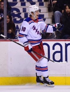 Feb 28, 2018; Vancouver, British Columbia, CAN; New York Rangers forward Vladislav Namestnikov (90) celebrates his goal against Vancouver Canucks goaltender Anders Nilsson (31) (not pictured) during the second period at Rogers Arena. Mandatory Credit: Anne-Marie Sorvin-USA TODAY Sports