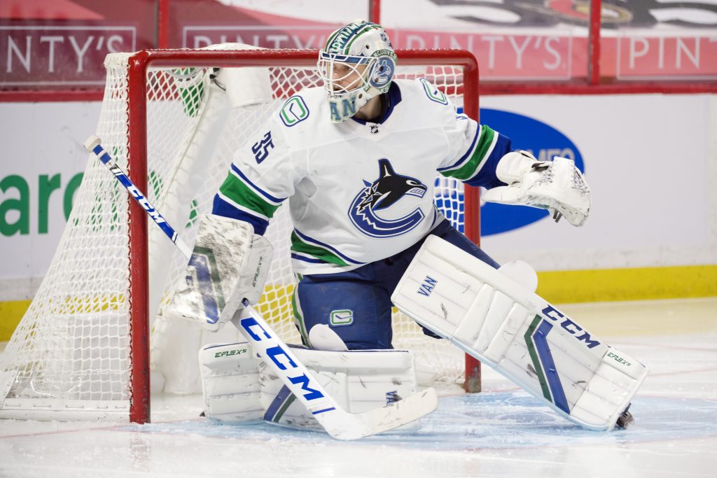 Thatcher Demko wearing new custom printed graphic @ccmgoalie EFlex5, which  were featured here first, for the first time in a game tonight…