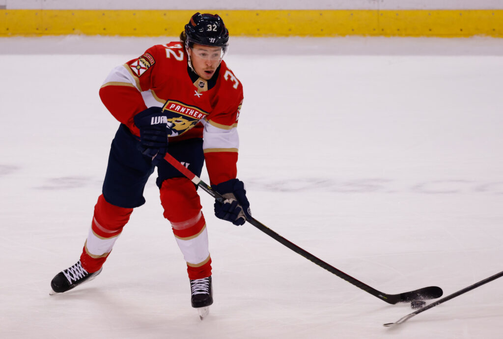 Florida Panthers defenseman Matt Kiersted (8) skates with the puck during  the second period at an NHL preseason hockey game against the Nashville  Predators, Sunday, Sept. 26, 2021, in Sunrise, Fla. (AP