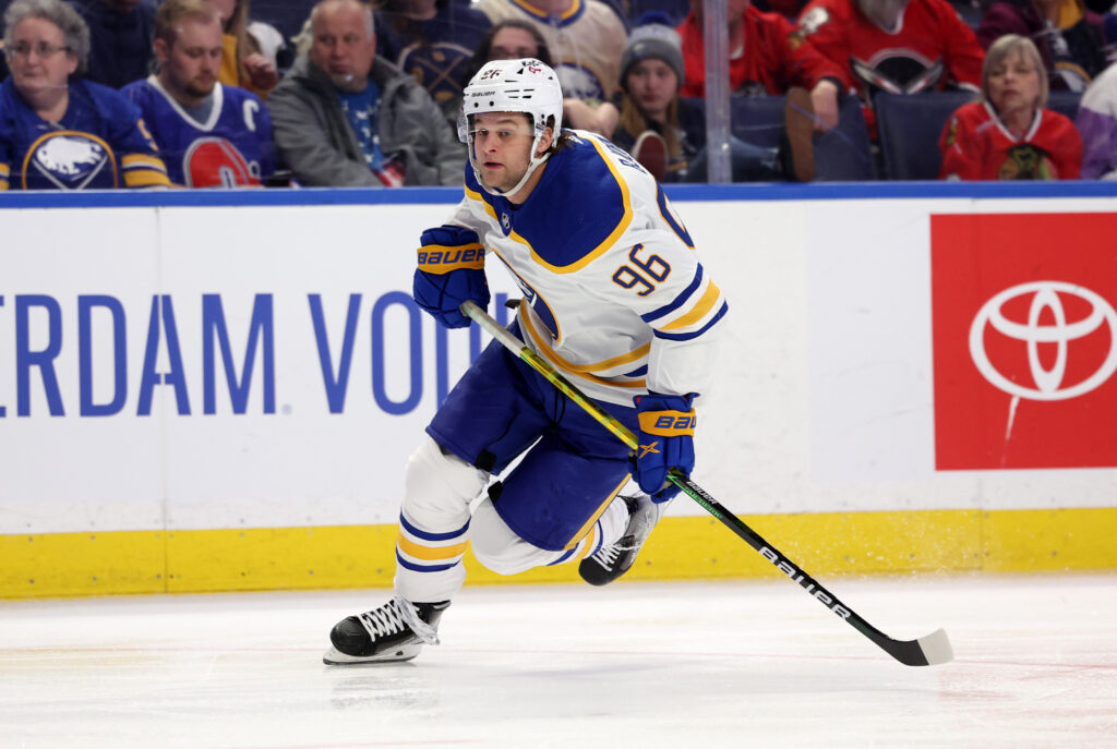 Buffalo Sabres forward Riley Sheahan (15) celebrates his goal during the  first period of an NHL hockey game against the New Jersey Devils, Thursday,  Feb. 25, 2021, in Buffalo, N.Y. (AP Photo/Jeffrey